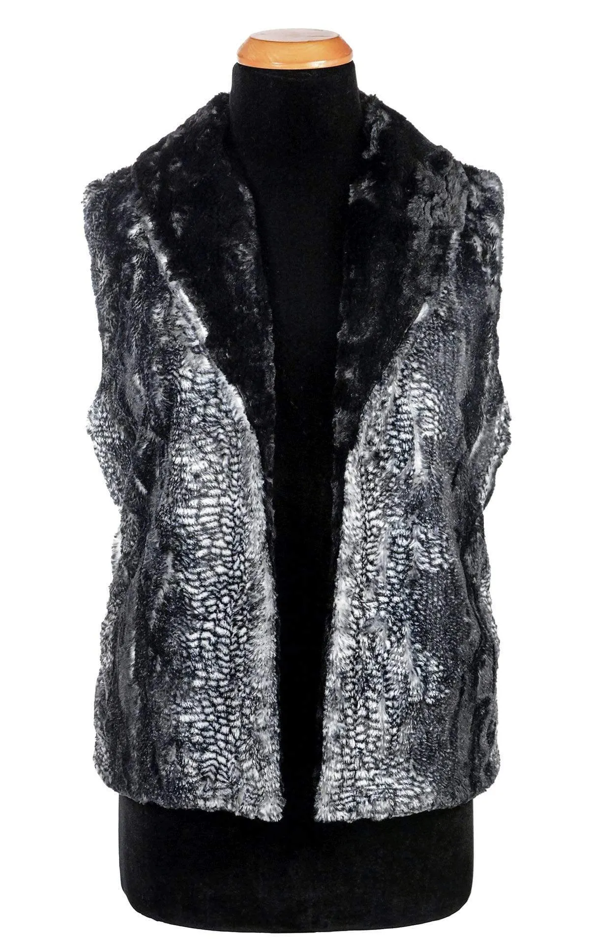 Shawl Collar Vest - Luxury Faux Fur in Black Mamba with Cuddly Fur in Black