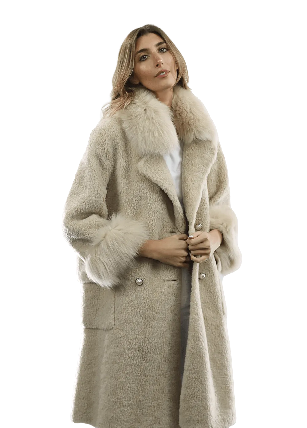 Shearling and Suede Coat with Fox Fur Collar and Cuff - Camel