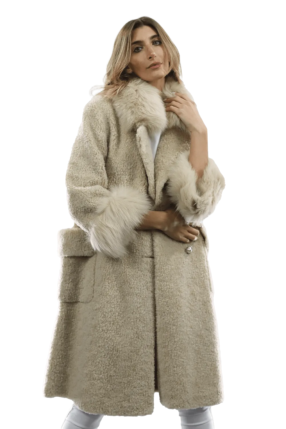 Shearling and Suede Coat with Fox Fur Collar and Cuff - Camel