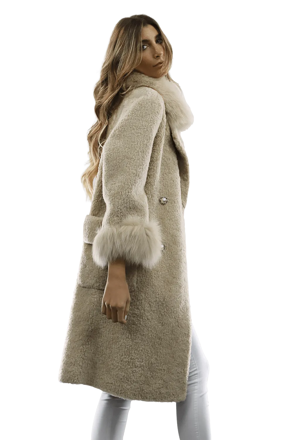 Shearling and Suede Coat with Fox Fur Collar and Cuff - Camel