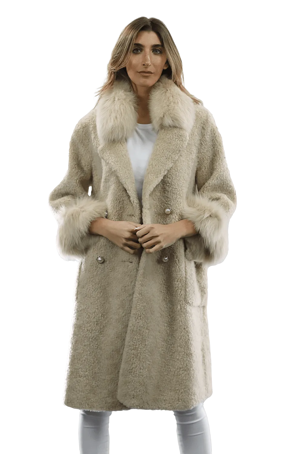 Shearling and Suede Coat with Fox Fur Collar and Cuff - Camel