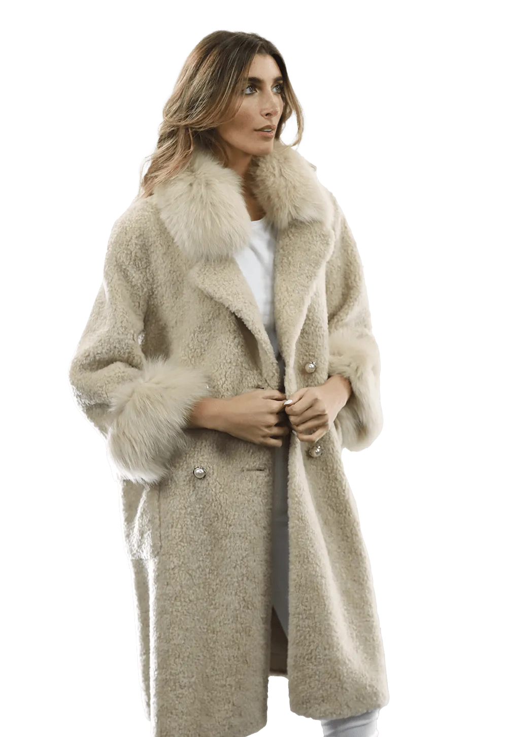 Shearling and Suede Coat with Fox Fur Collar and Cuff - Camel