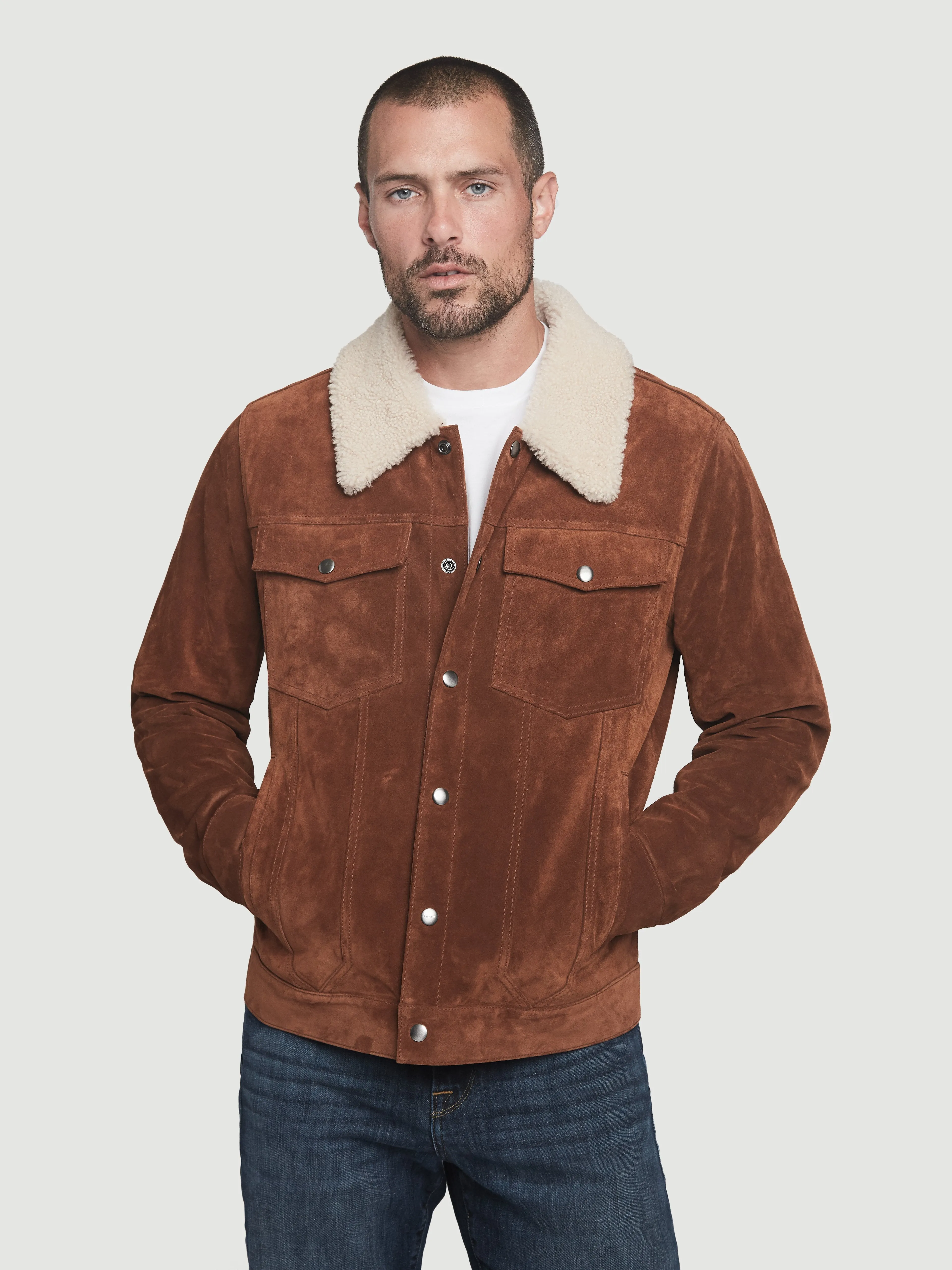 Shearling Suede Trucker -- Camel