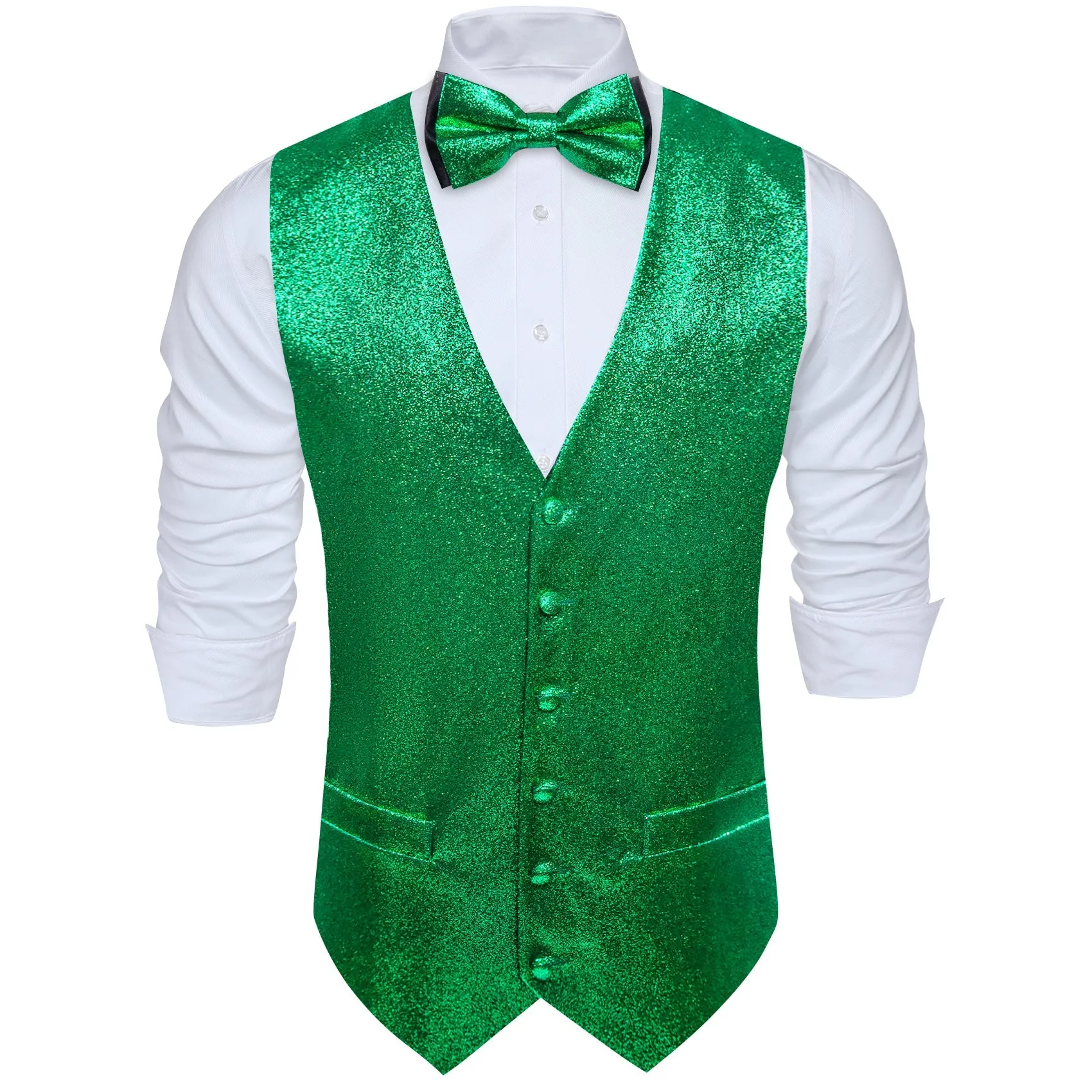 Shining Green Glitter Solid Jacquard Silk Men's Vest Bow Tie Set Waistcoat Suit Set