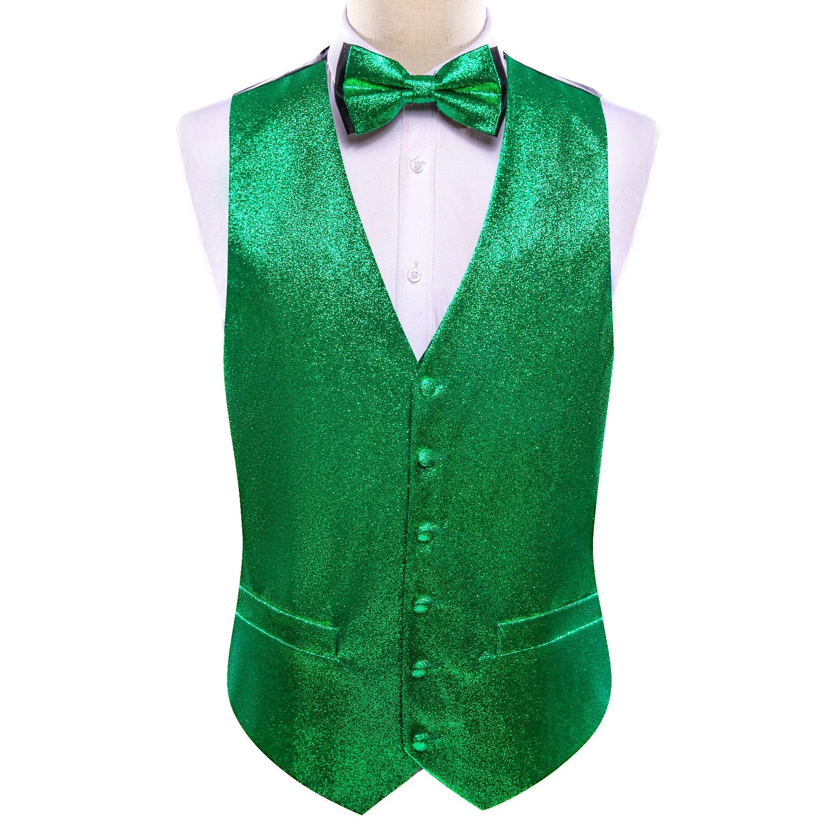 Shining Green Glitter Solid Jacquard Silk Men's Vest Bow Tie Set Waistcoat Suit Set