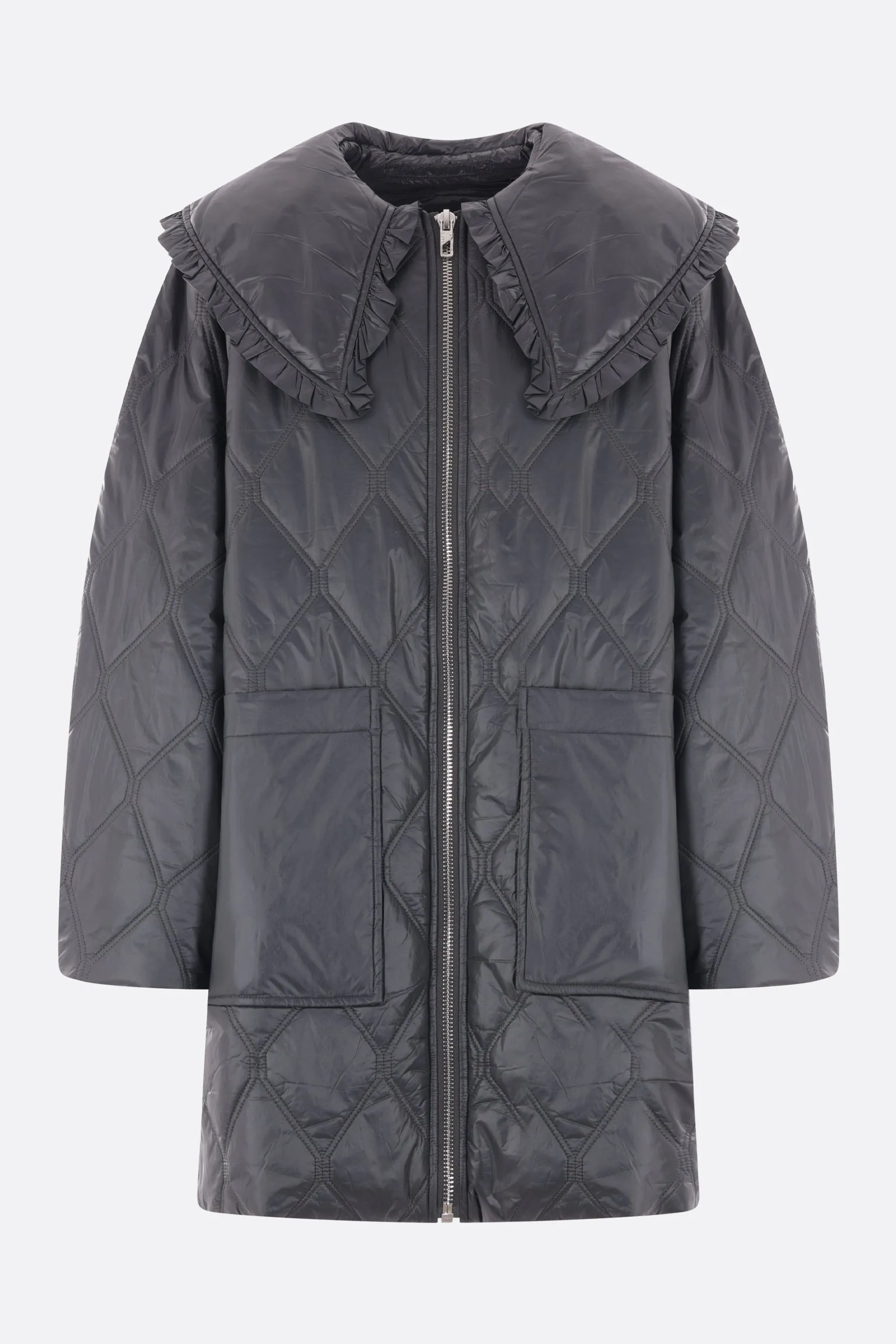 shiny nylon quilted midi jacket