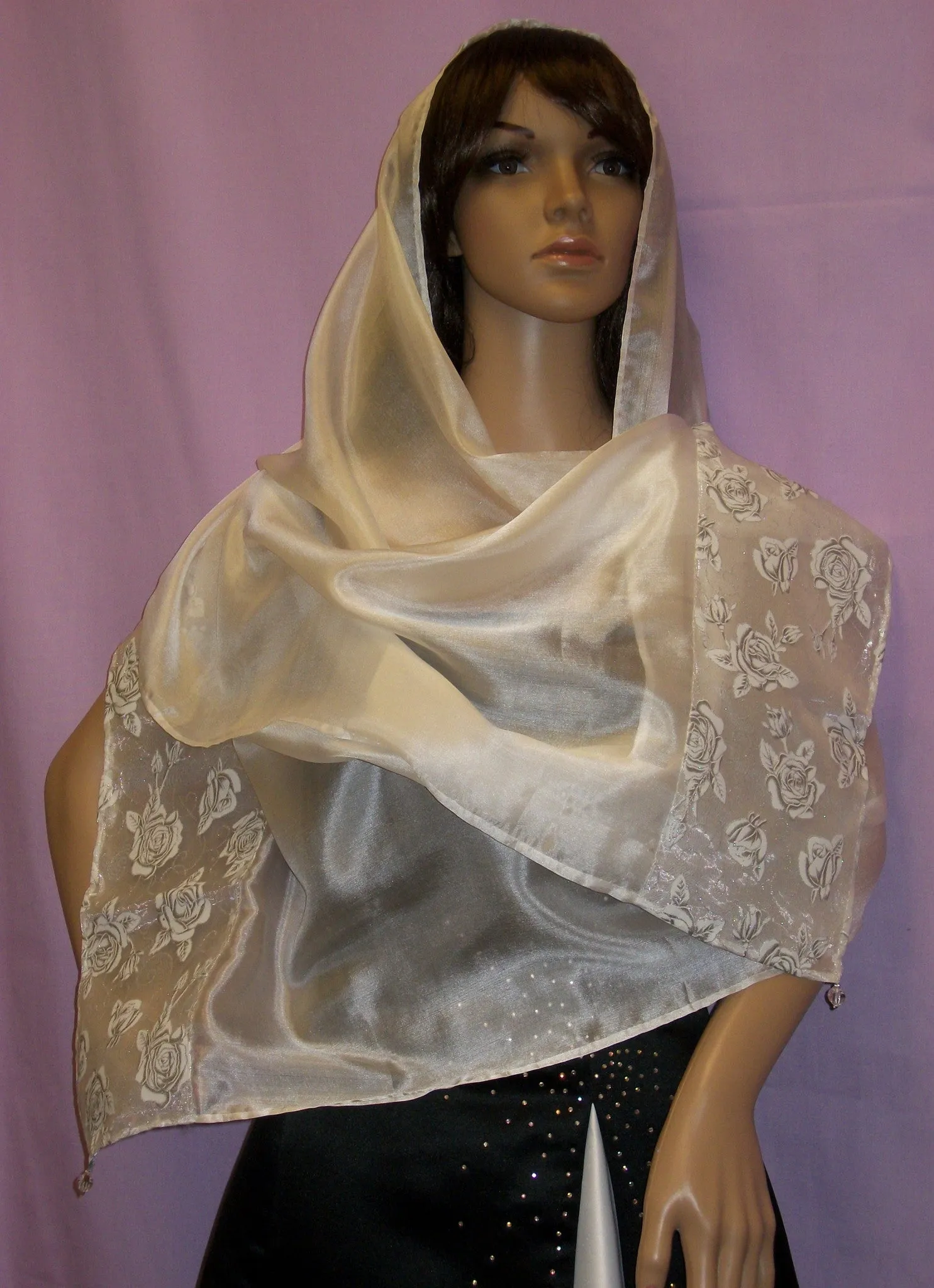 Silk Scarf 2893 Dupatta Stole Shawl Wrap White Roses Shieno Sarees