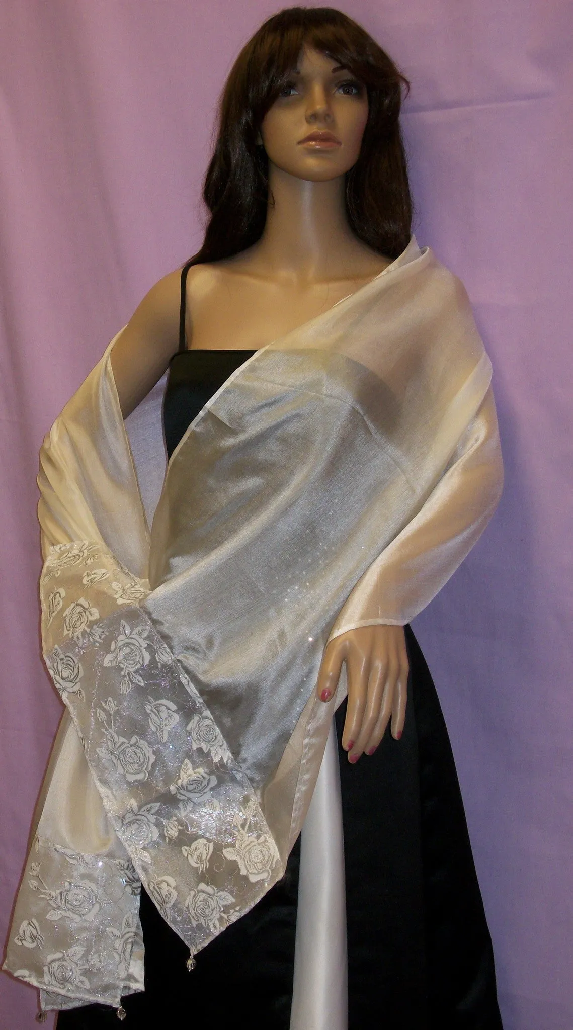 Silk Scarf 2893 Dupatta Stole Shawl Wrap White Roses Shieno Sarees