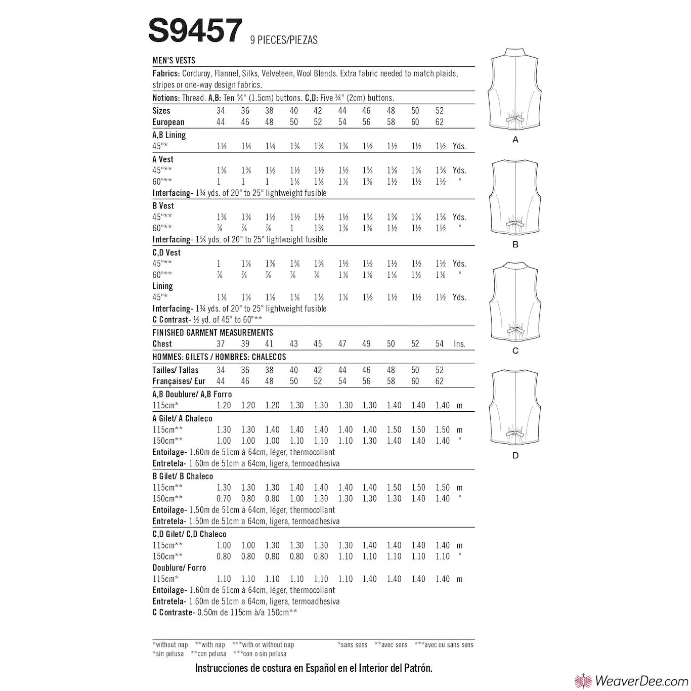 Simplicity Pattern S9457 Men's Waistcoats