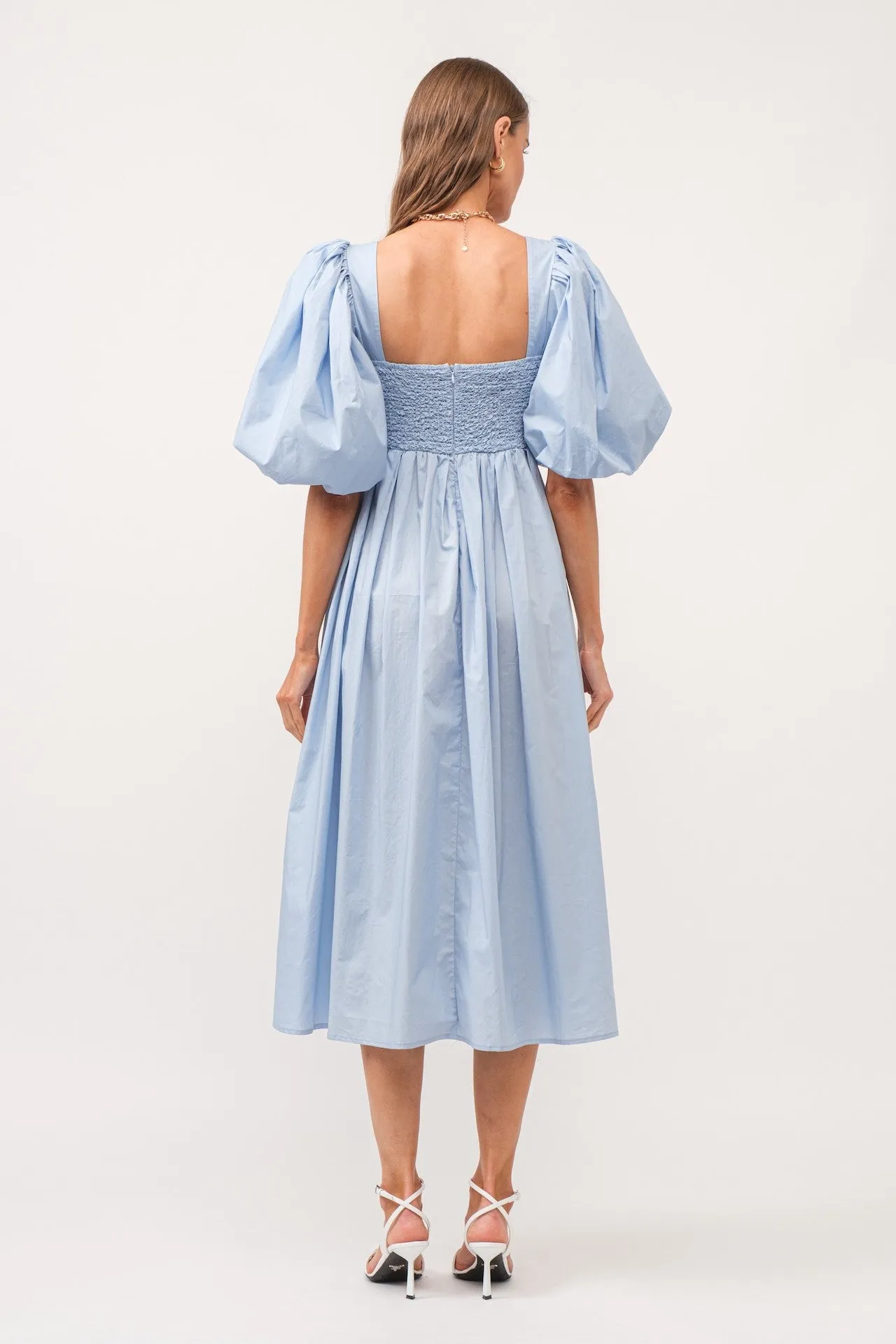 Sky Blue Puff Sleeve Poplin Midi Dress