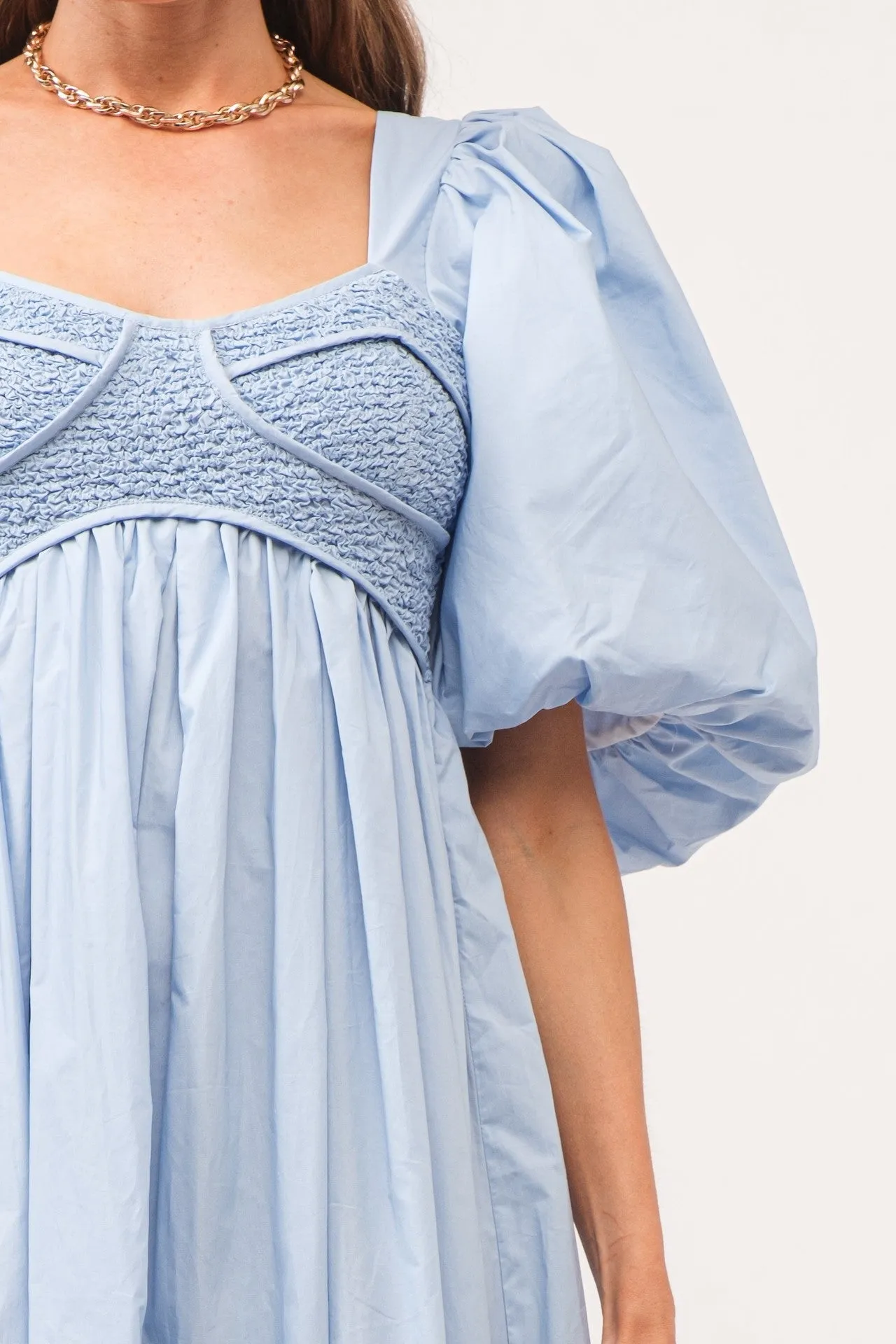 Sky Blue Puff Sleeve Poplin Midi Dress