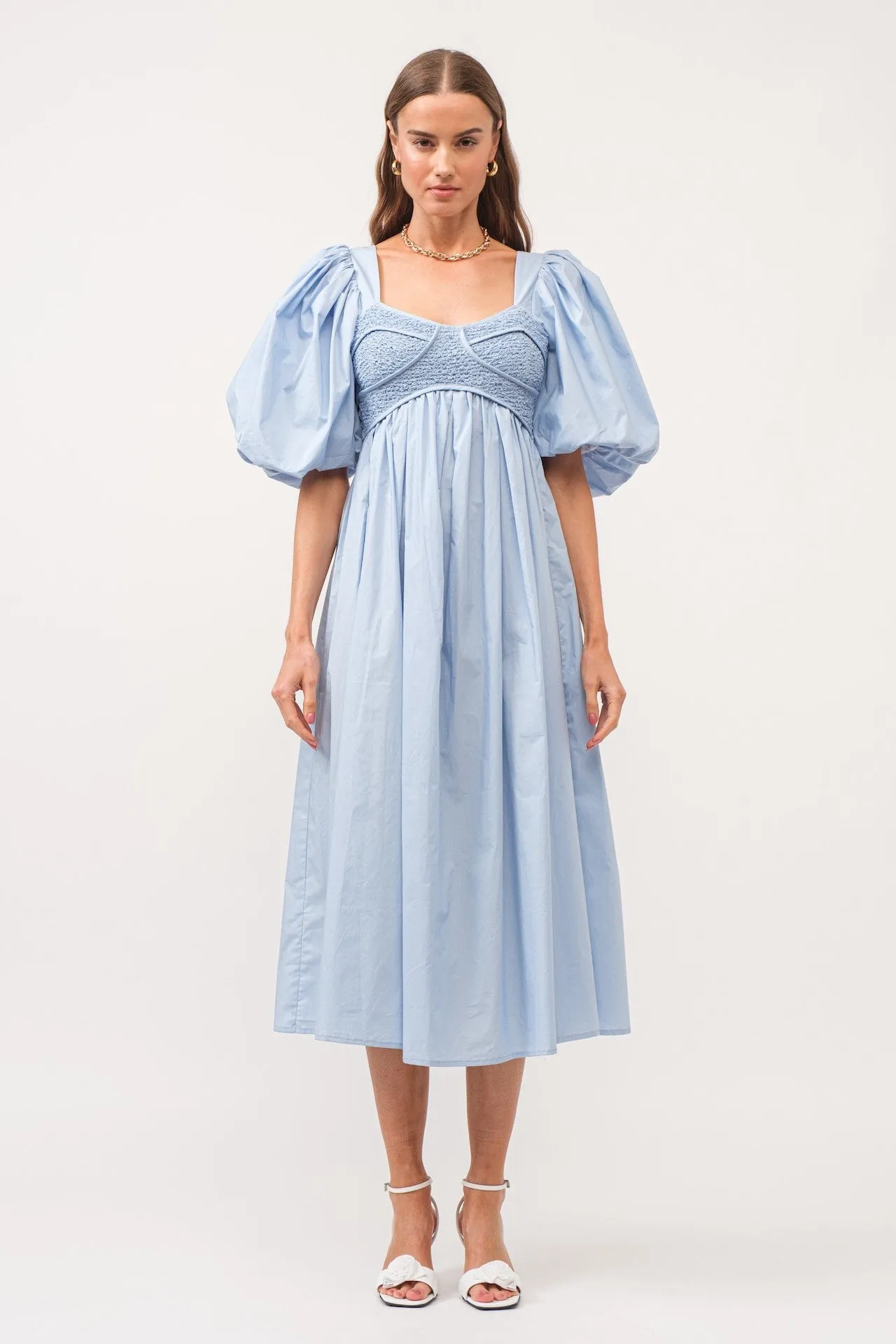 Sky Blue Puff Sleeve Poplin Midi Dress