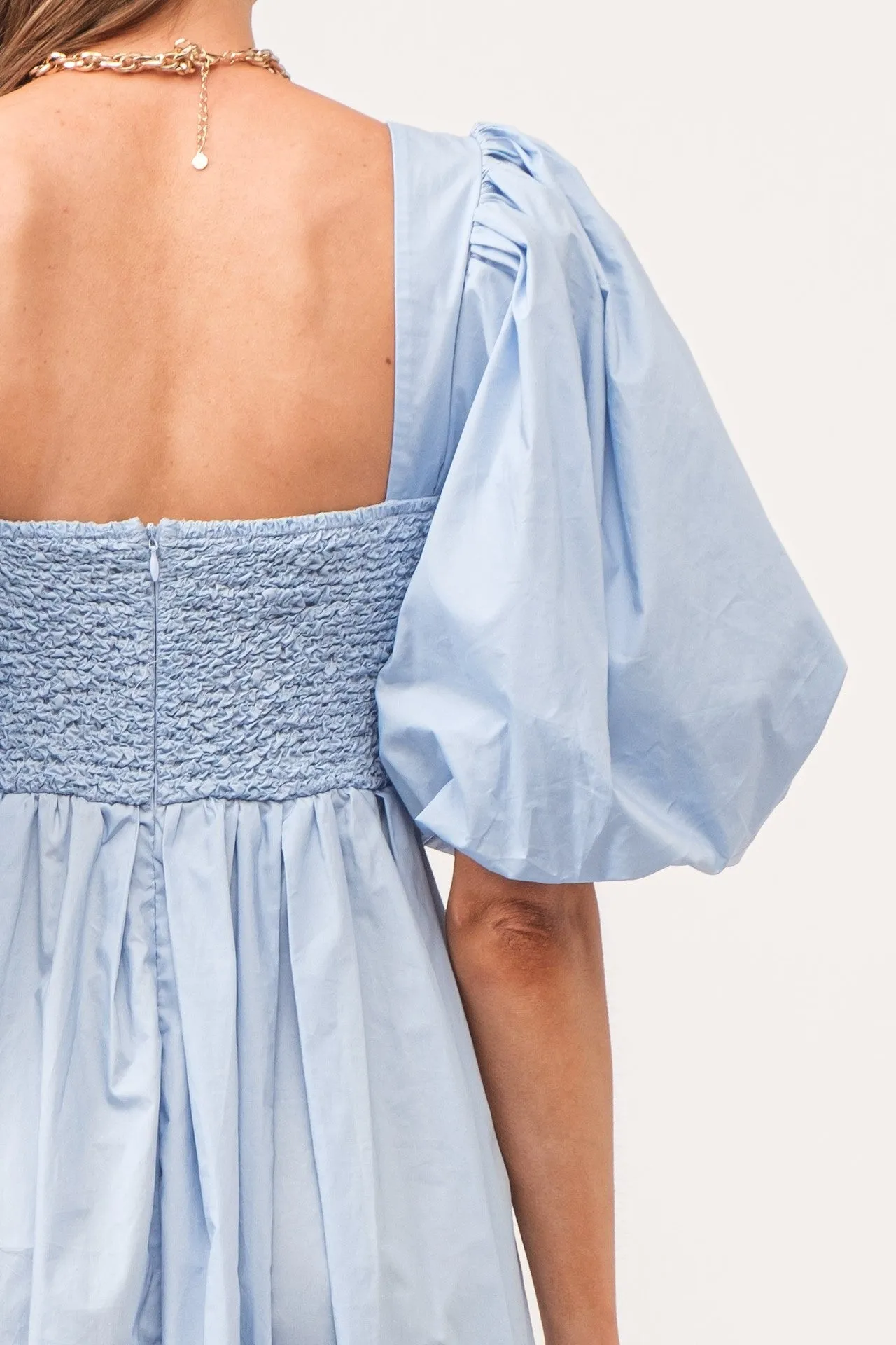 Sky Blue Puff Sleeve Poplin Midi Dress