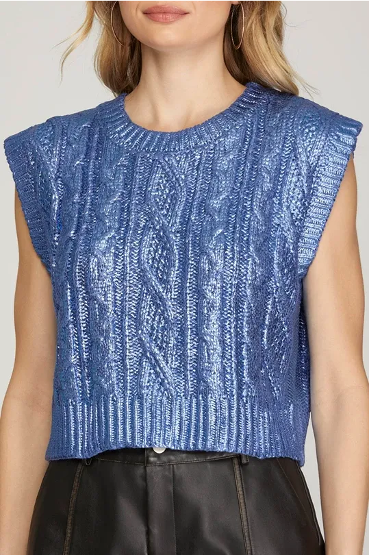 SLEEVELESS CABLE KNIT METALLIC CROP SWEATER*AVAILABLE IN BLUE OR GOLD