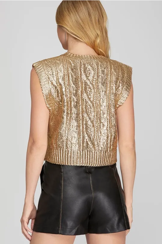 SLEEVELESS CABLE KNIT METALLIC CROP SWEATER*AVAILABLE IN BLUE OR GOLD