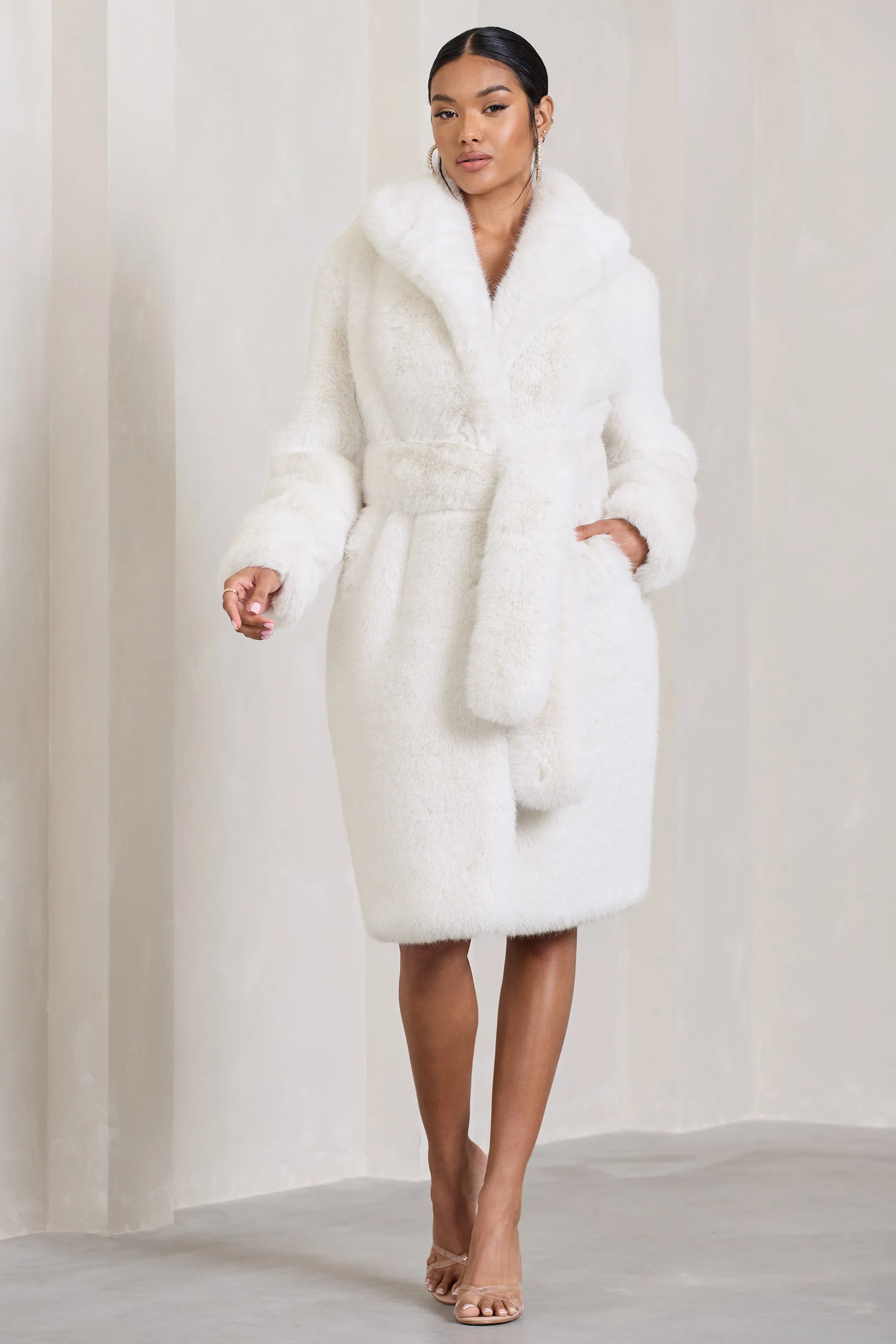 Slopeside | Cream Long Belted Faux Fur Coat