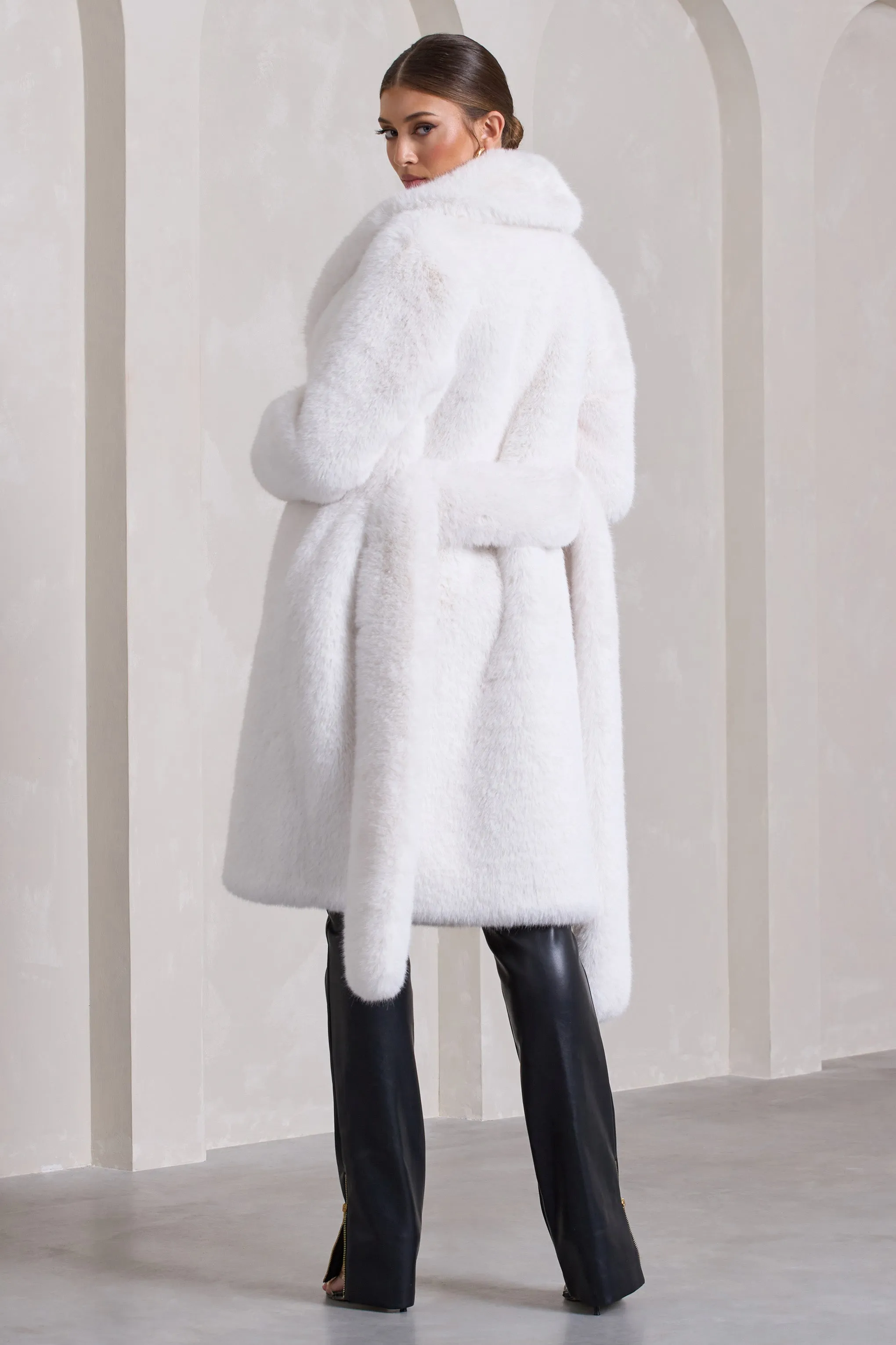 Slopeside | Cream Long Belted Faux Fur Coat