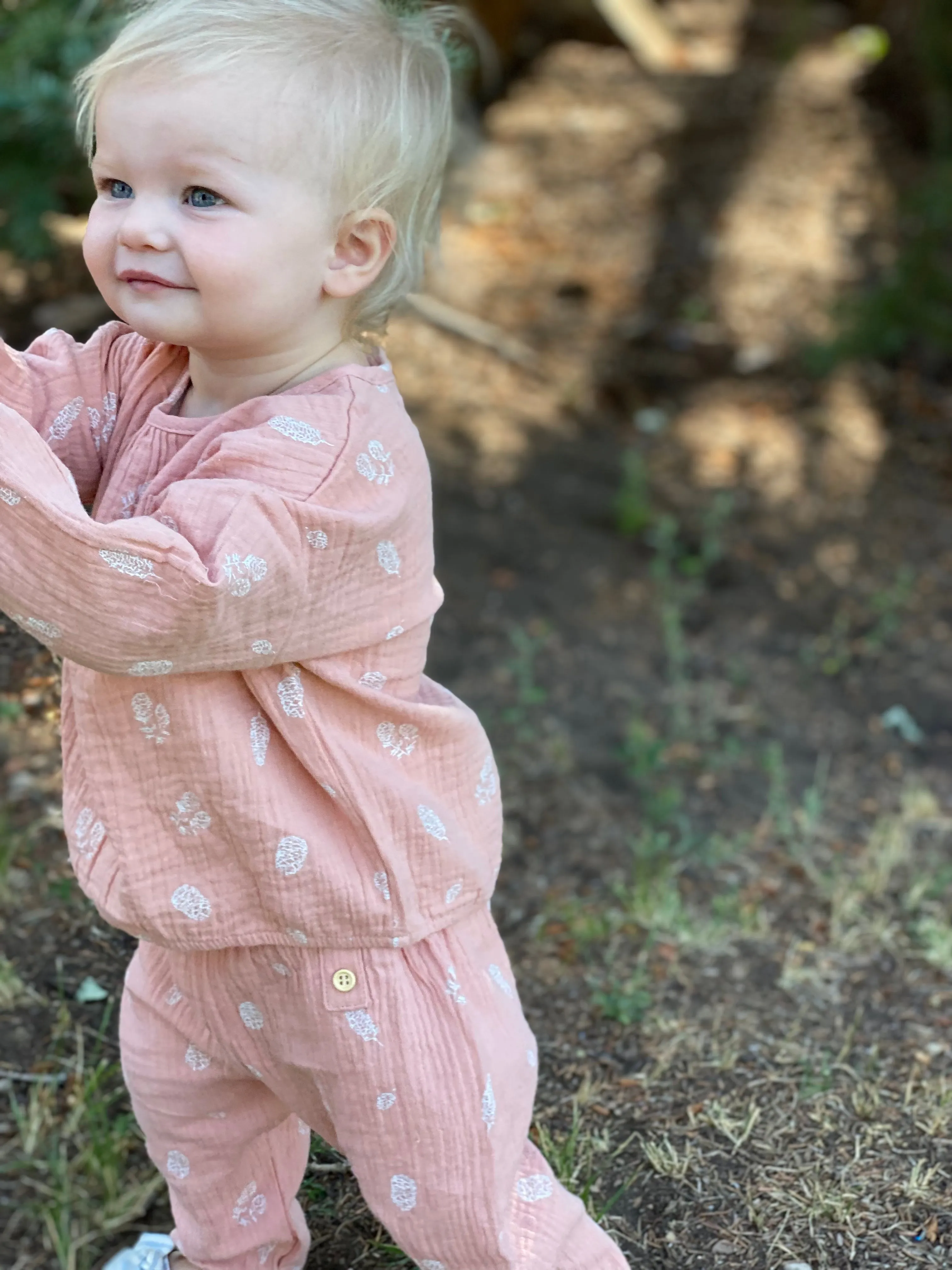 Smithie pants in pink pinecones print