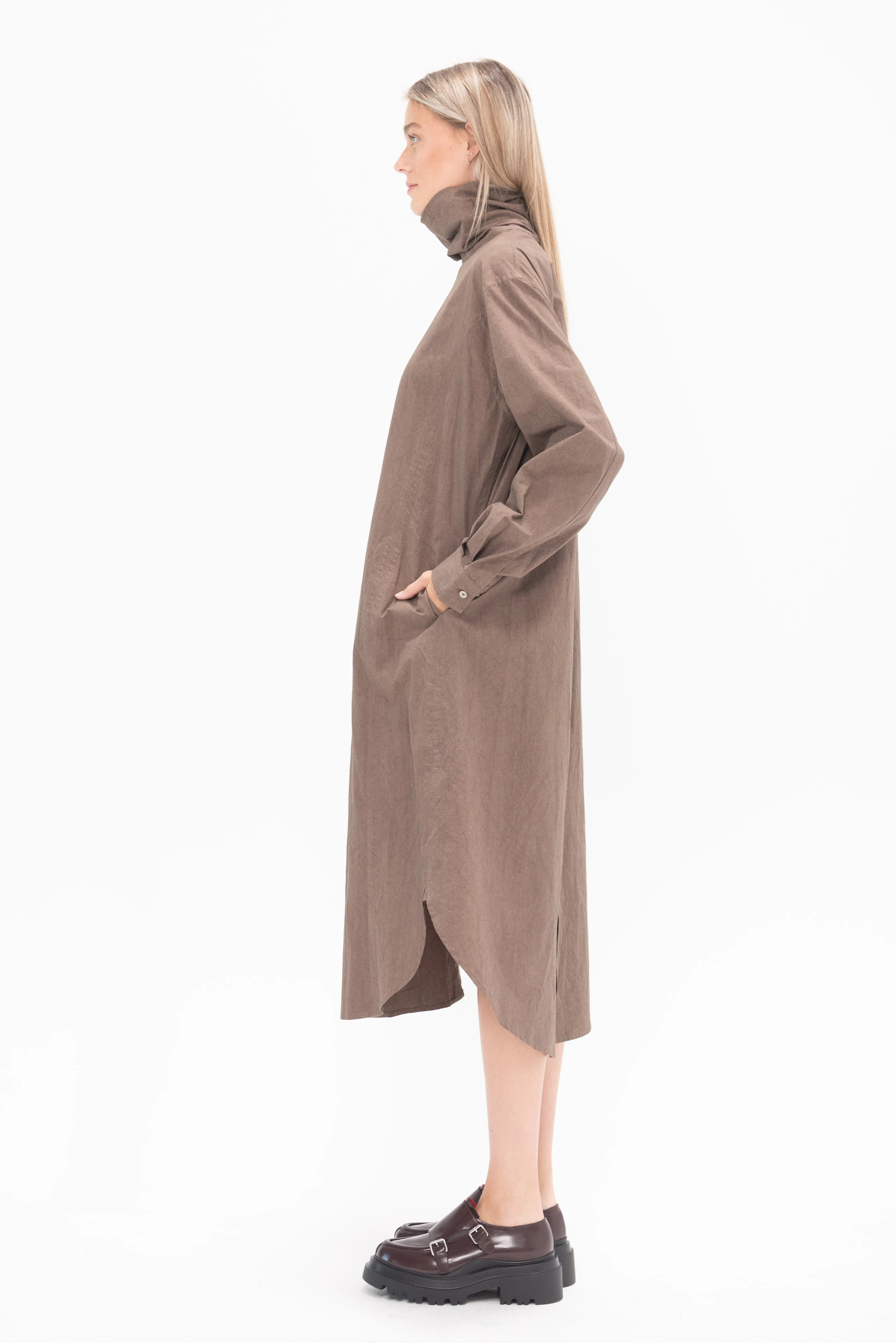 Soft Collar Shirt Dress, Cocoa