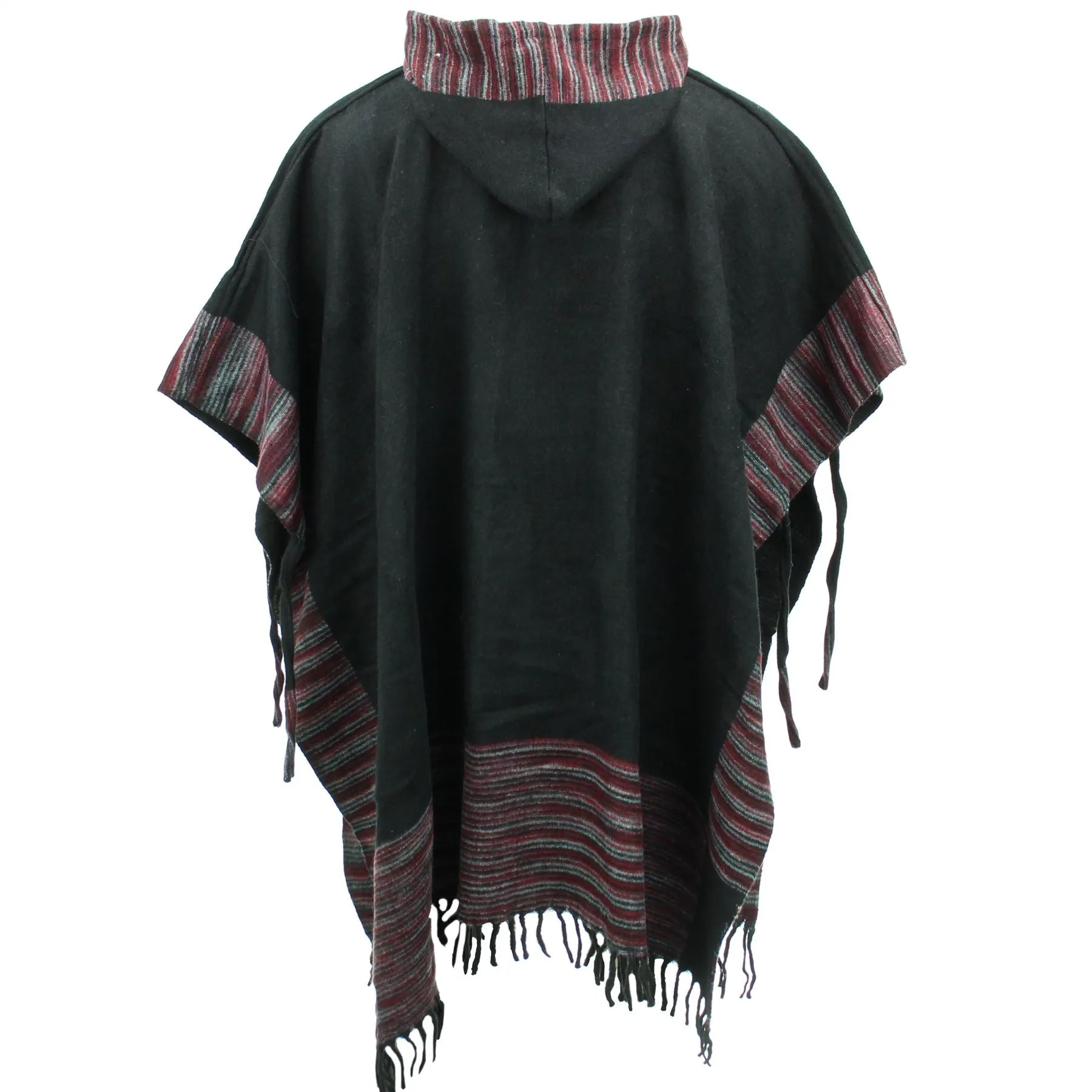 Soft Vegan Wool Hooded Tibet Poncho - Black & Red Grey