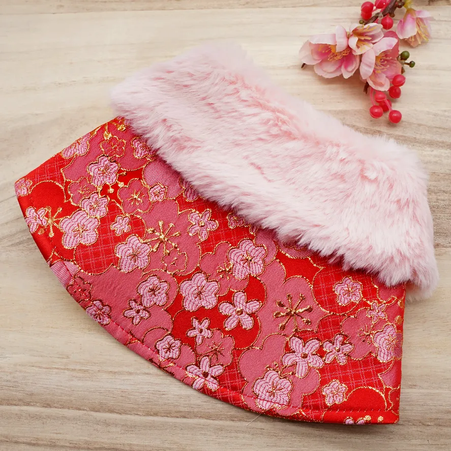 Spring Imperial Red Blossoms CNY Cape with Rose Pink Faux Fur Collar