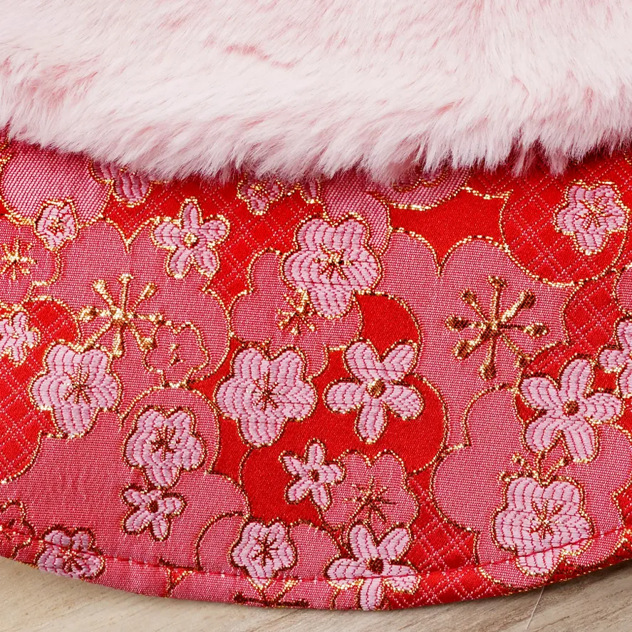 Spring Imperial Red Blossoms CNY Cape with Rose Pink Faux Fur Collar