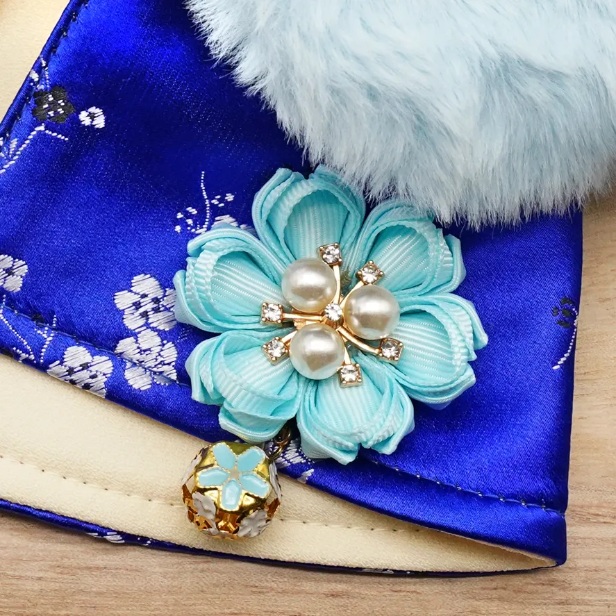 Spring Imperial Royal Blue Blossoms CNY Cape with Baby Blue Faux Fur Collar