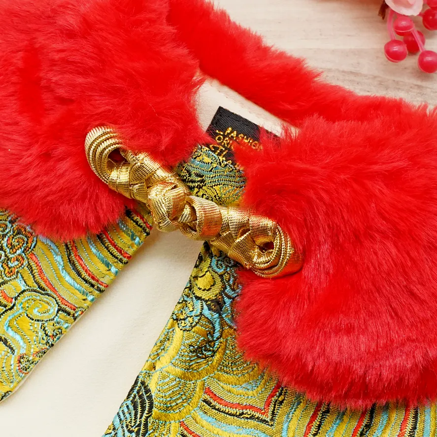 Spring Imperial Yellow CNY Cape with Crimson Red Faux Fur Collar