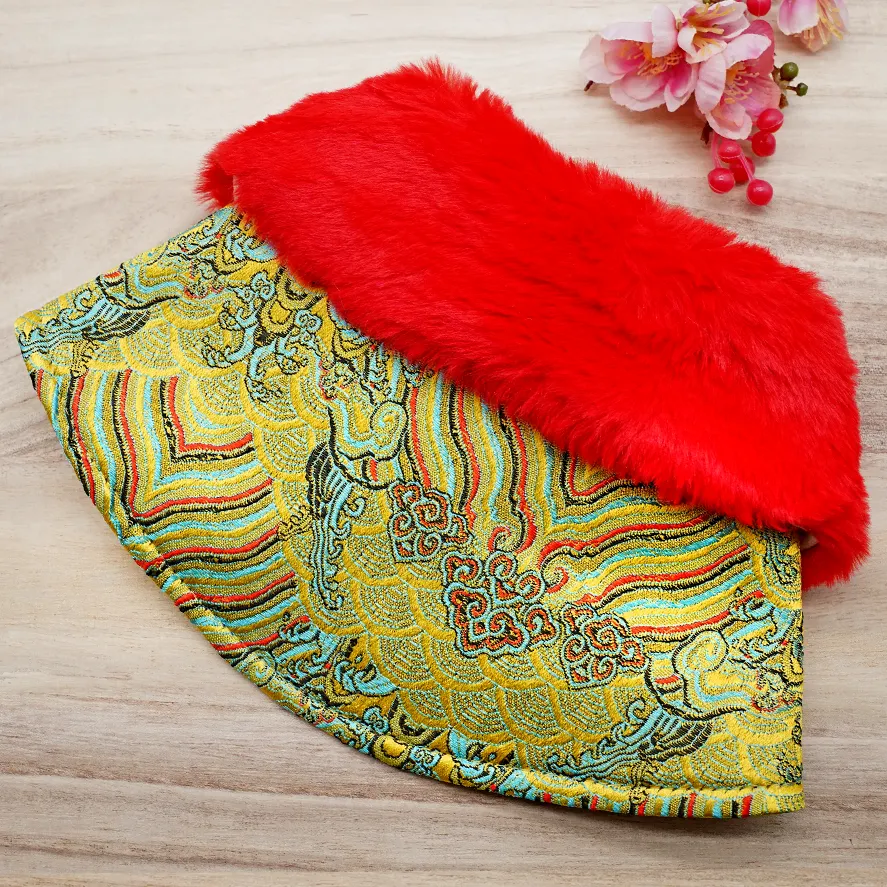 Spring Imperial Yellow CNY Cape with Crimson Red Faux Fur Collar