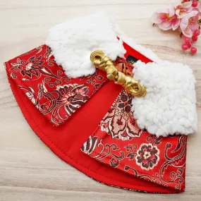 Spring Of Longevity in Crimson Gold CNY Cape with Faux Fur Collar