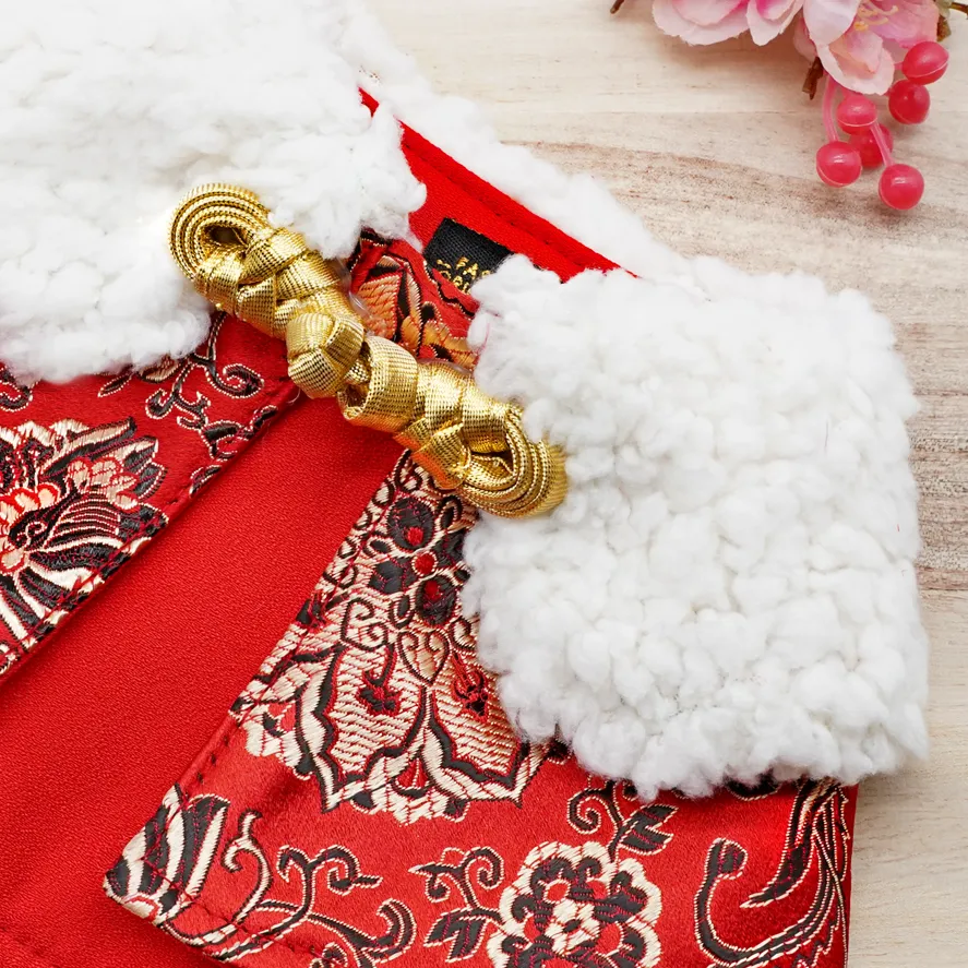 Spring Of Longevity in Crimson Gold CNY Cape with Faux Fur Collar