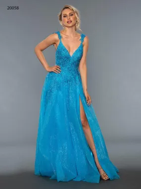 Stella Couture 20058 Size 6 Blue Long Lace Shimmer V Neck formal Prom Dress Pageant Gown