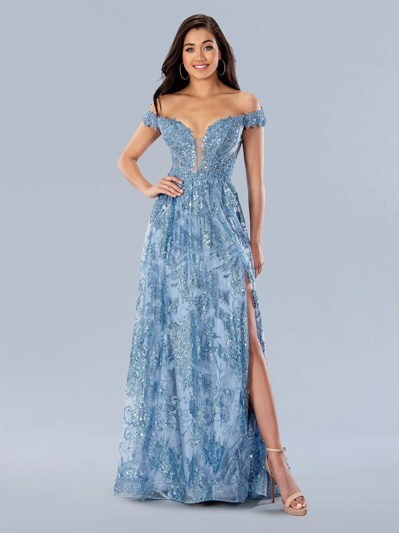 Stella Couture 21064 Long off the shoulder slit a line prom dress pageant gown lace