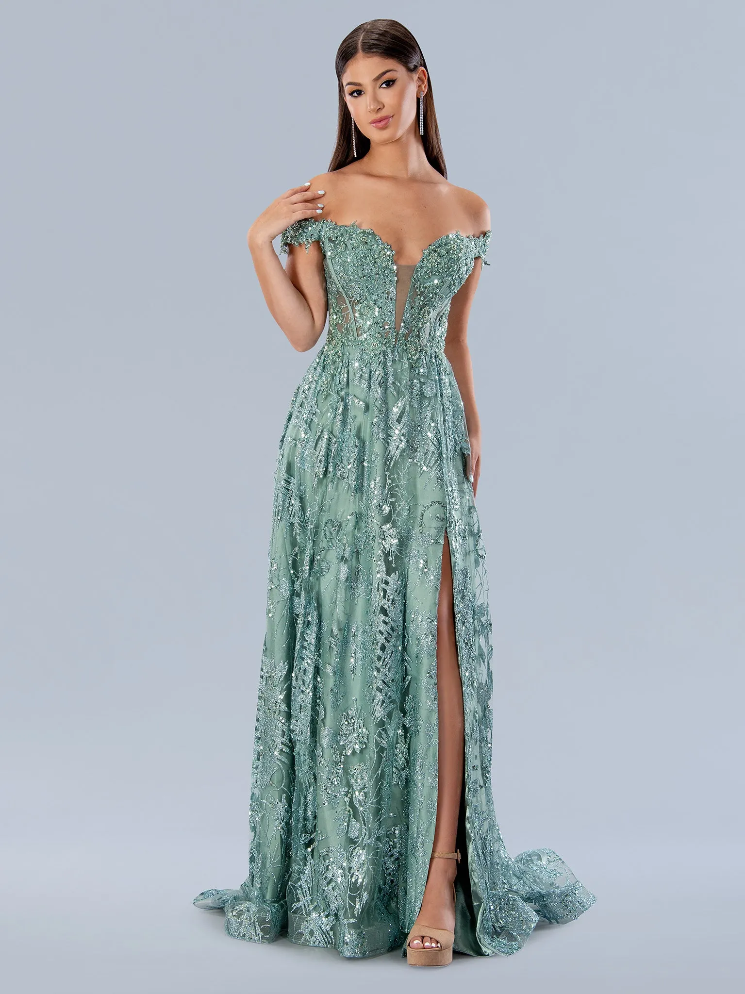 Stella Couture 21064 Long off the shoulder slit a line prom dress pageant gown lace