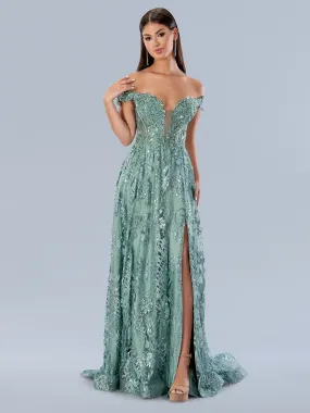 Stella Couture 21064 Long off the shoulder slit a line prom dress pageant gown lace