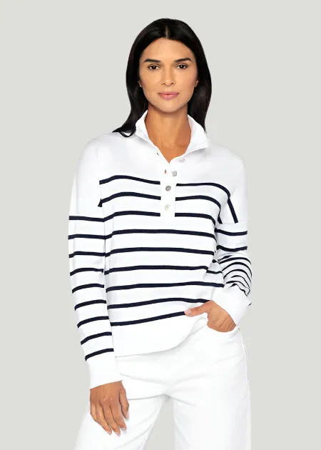 Stripe Button Mock Sweater - White/Navy