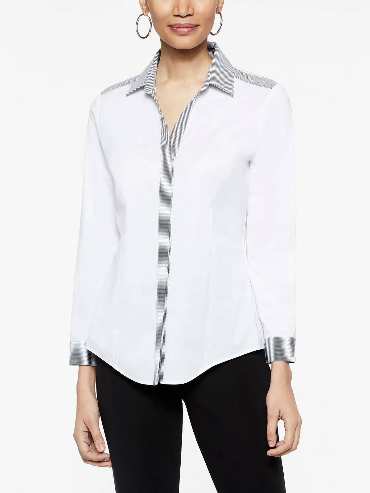 Stripe Trim Stretch Cotton Button-Up Shirt, White/Black