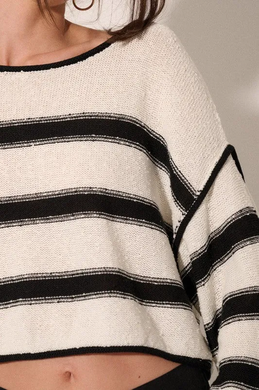 STRIPED KNIT CROP SWEATER (CREAM/BLK)