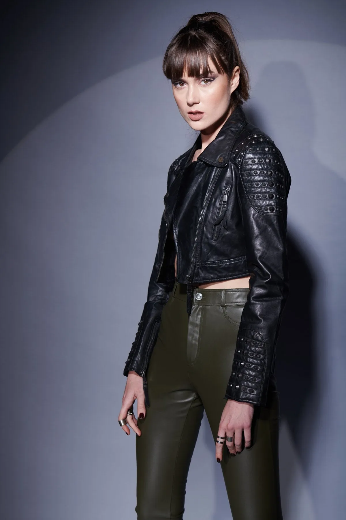 Stud Detailing Black Leather Short Ladies Biker Jacket Zip By Brune & Bareskin