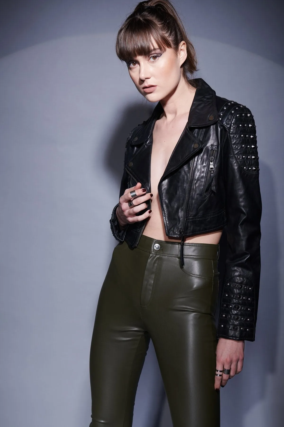 Stud Detailing Black Leather Short Ladies Biker Jacket Zip By Brune & Bareskin