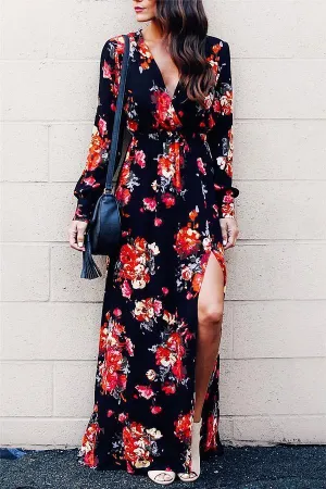 Stylish Floral Print Deep V Neck Maxi Dress