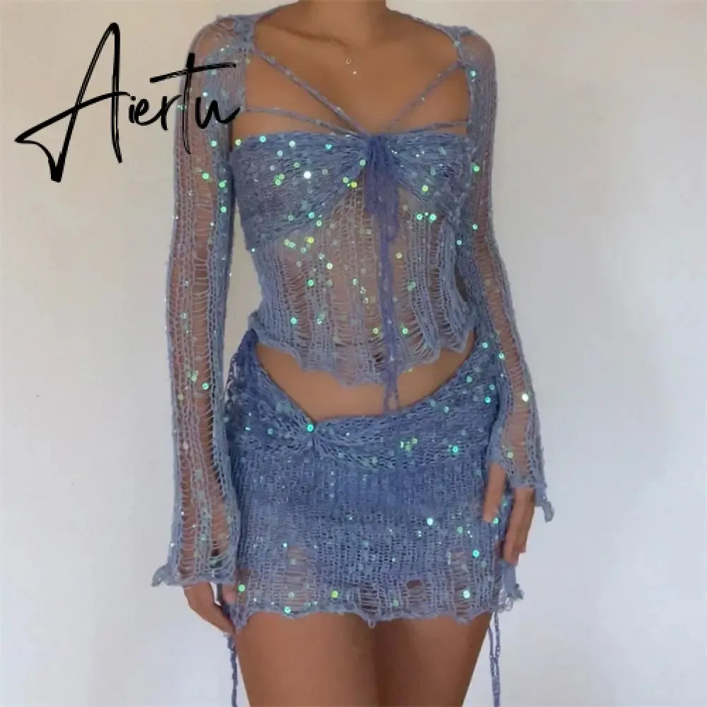 Summer New Women's Beaded Knitted Sweater 4-piece Set Women Cardigan Y2k Gothic Clothes Cardigan Crop Top