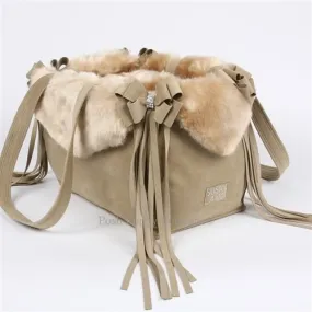 Susan Lanci Luxury Purse Carrier Collection- Nouveau Bow w-Fringe Champagne Fox Faux Fur