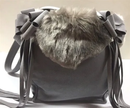 Susan Lanci Luxury Purse Carrier Collection- Nouveau Bow w-Fringe Platinum w-Soft Silver Fox Faux Fur