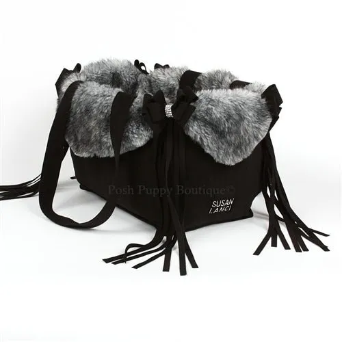 Susan Lanci Luxury Purse Carrier Collection- Nouveau Bow with Fringe Black with Grey Black Tipped Faux Fur