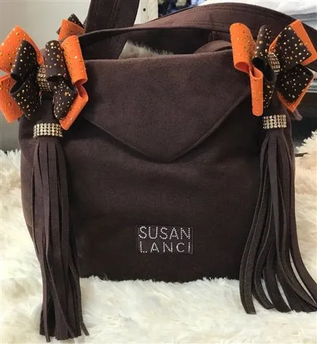 Susan Lanci Luxury Purse Carrier Collection- Ultrasuede in Cholocate and Orange Nouveau Bow