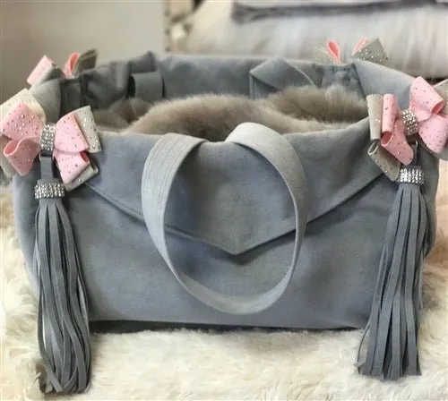 Susan Lanci Luxury Purse Carrier Collection- Ultrasuede in Platinum and Puppy Pink Nouveau Bow