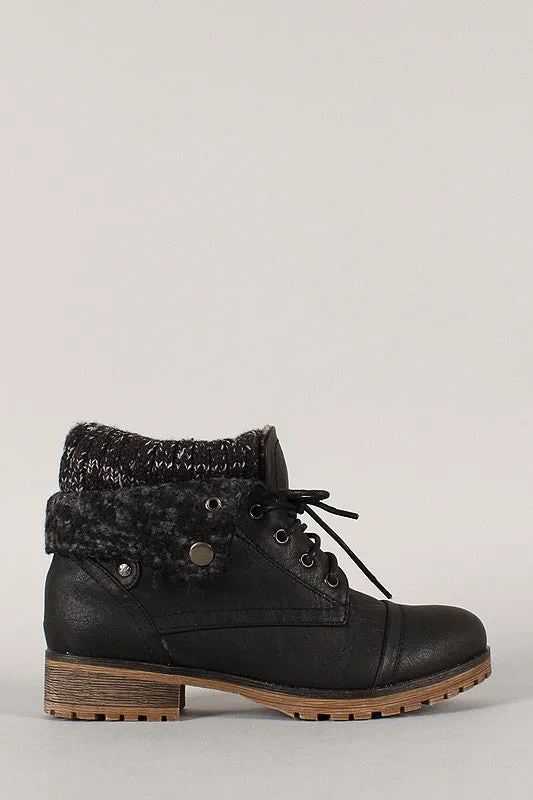 Sweater Collar Lace Up Ankle Bootie