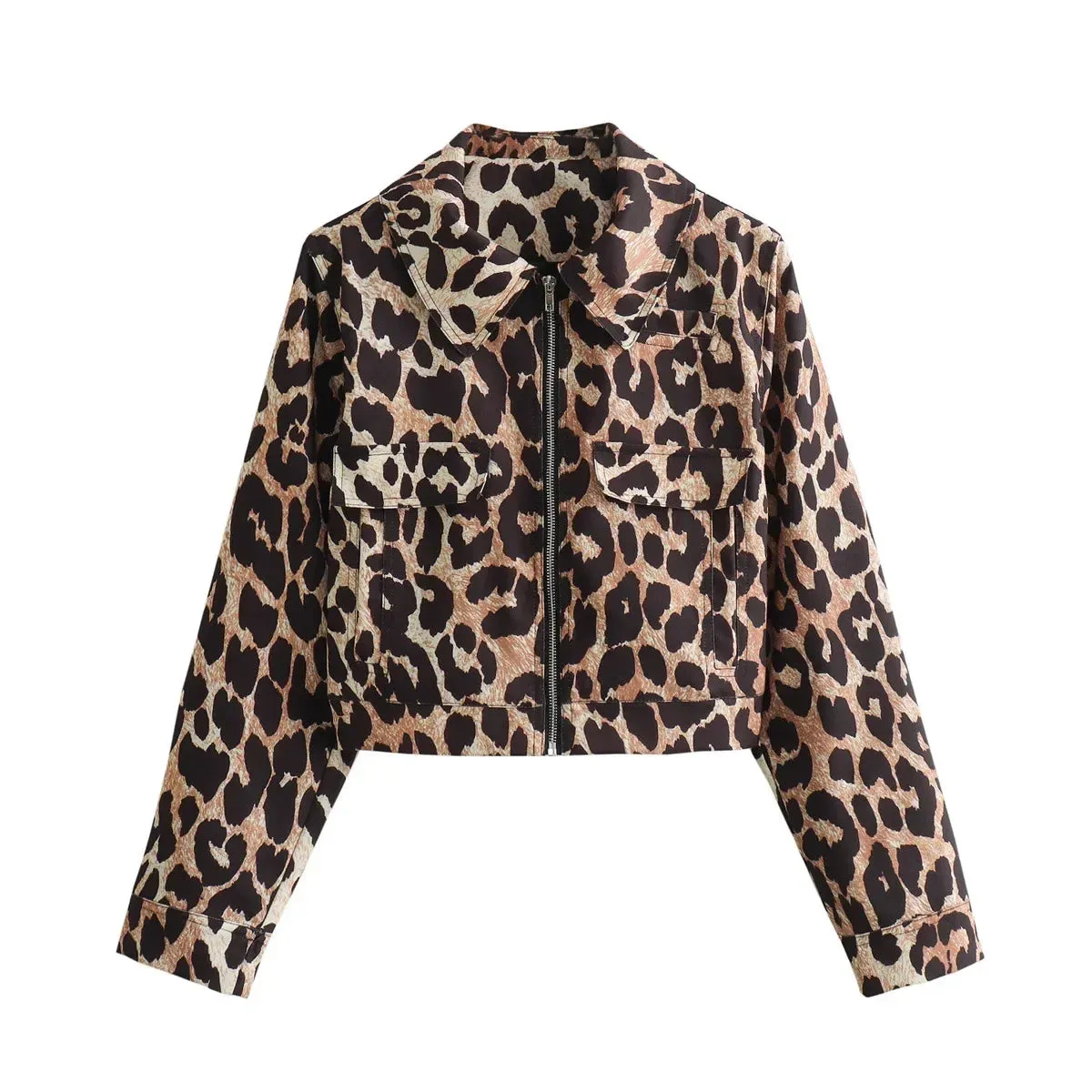 TAVIMART  -  Women Casual Leopard Print Bomber Jacket Elegant Lapel Long Sleeves Zipper Pockets Loose Coat Autumn Lady High Streetwewar