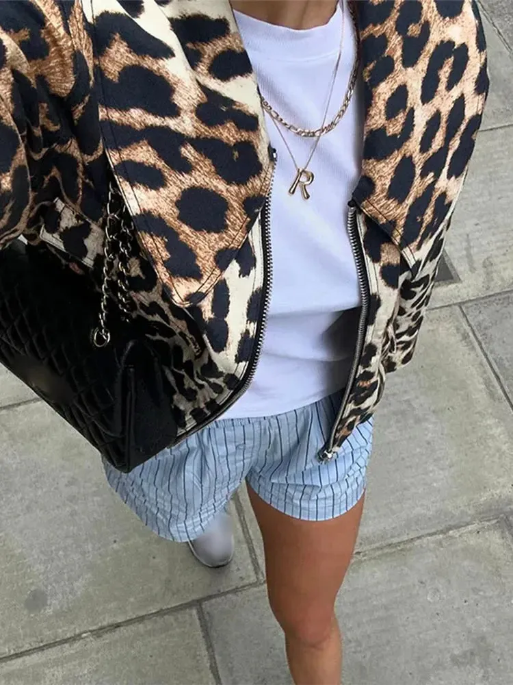 TAVIMART  -  Women Casual Leopard Print Bomber Jacket Elegant Lapel Long Sleeves Zipper Pockets Loose Coat Autumn Lady High Streetwewar